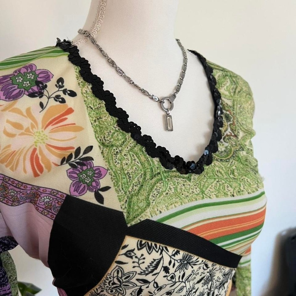Y2K Semi-sheer Micromesh Sequin Patchwork Paisley Whimsygoth 3/4 Sleeve Top - Picture 5 of 8